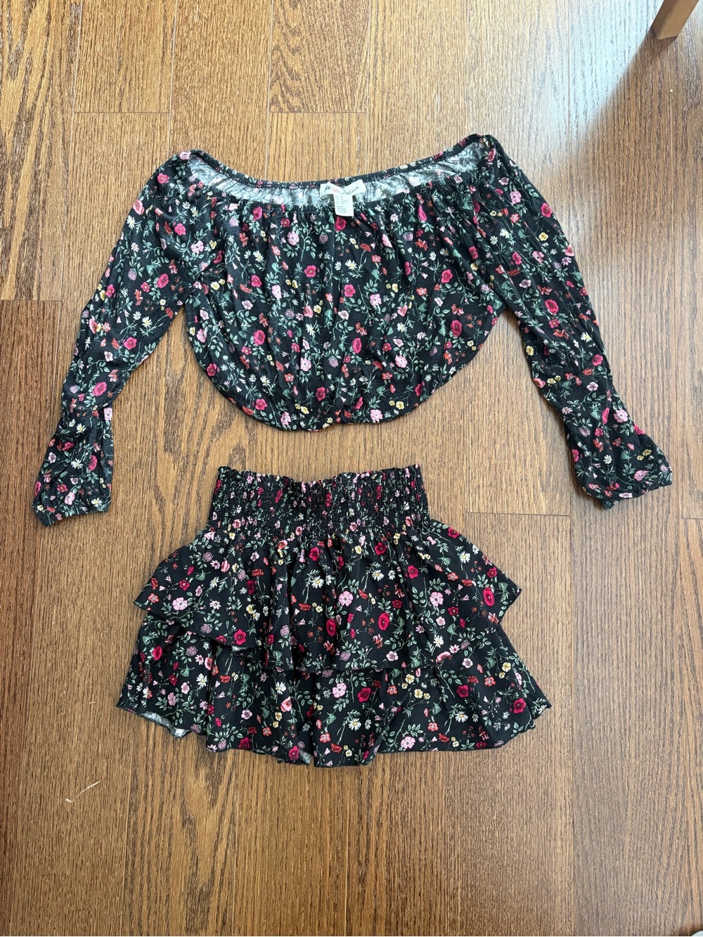 Black Floral Tiered Skirt & Off-Shoulder Top Set